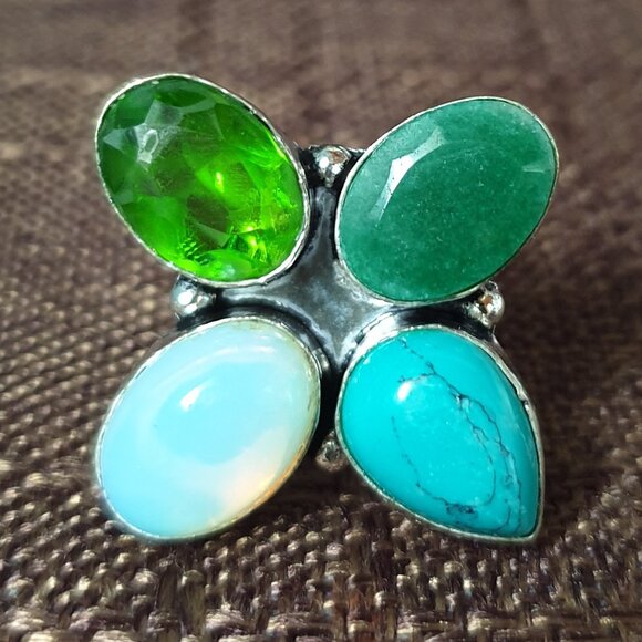 Bold Vintage Sterling Silver Multi-Gemstone Floral Cluster Statement Ring - Picture 7 of 15